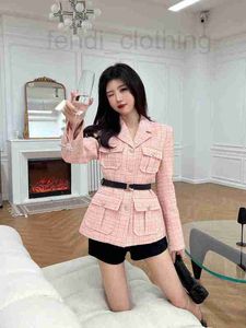 Women's Jackets Designer Brand 2023 Autumn/winter New Temperament Style Thick Nylon Line Flip Collar Work Dress Pocket Pink Coat with Belt UR33