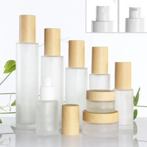 Bottiglia di vetro Vaso per crema con coperchi in finto legno Tappo per lozione Bottiglie con pompa spray Contenitori per cosmetici 30 ml 40 ml 50 ml 60 ml 80 ml 100 ml 120 ml LL