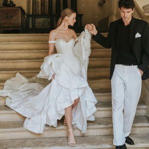 Vintage Ruffled Mermaid Off The Shoulder Wedding Dresses With Cape Pleated Bridal Gowns Sweep Train Taffeta Vestido De Novia