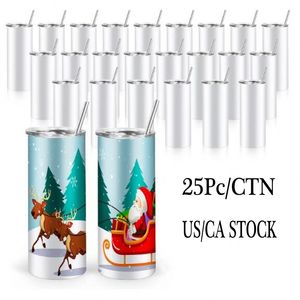 US/CA Stock 20oz Süblimasyon Kupaları Tumbler Çift Duvarlı Yalıtılmış Kupalar Paslanmaz Çelik İnce Düz Su Şişeleri DIY Baskı 0324