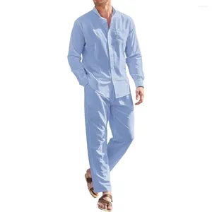 Fatos masculinos 2 peças roupas casuais manga longa botão para baixo camisa e calças define loungewear streetwear ternos de caminhada