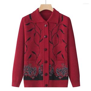 Malhas femininas vintage meia idade mãe camisola avó cardigan primavera outono tricô manga longa casaco lapela impresso malhas jaqueta