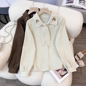 Women's Blouses Corduroy Shirt Female Fall And Winter Fashion French Elegant College Style Butterfly Knot Tie Embroidery Thickened Blouse