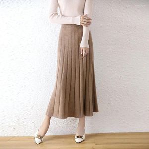 Skirts Autumn And Winter Pure Wool Long High Waist Slim Skirt Thickened A-line Knitted Cashmere Pleated Skirt.