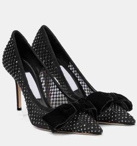 Elegant Woman sandal Bridal net bow Love 85mm Strass Embellished pointed-toe pump plain pin heels jewels black white calf leather dress shoes with box 35-43
