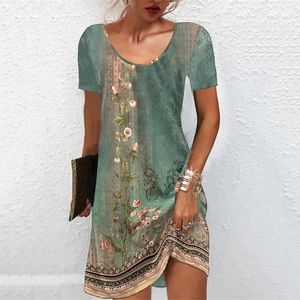 Casual Dresses Summer Short Sleeve Floral Printing Vintage For Women 2023 Female Clothing Loose Beach Elegant Large Swing Mini Dress