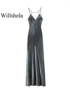 Casual Dresses Women Fashion Grey Pleated Backless Maxi Dress Vintage Thin Straps V-Neck Female Chic Lady