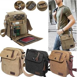 Mäns militär vintage canvas läder satchel axelväska messenger skola väska