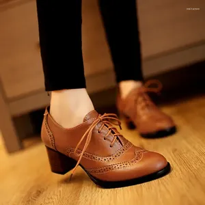 Dress Shoes British Retro Women Oxford Spring And Autumn Pointed Toe Thick Heel Brogue Woman Lace Up Leather