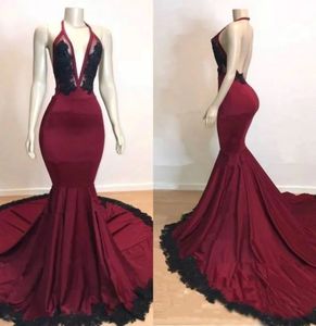 Evening Dresses Dark Red Prom Gown Party Formal Mermaid Trumpet New Custom Zipper Lace Up Sleeveless Elastic Satin Halter Black Applique Backless