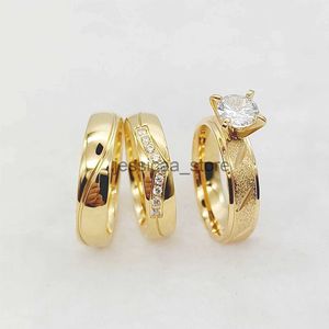 Band Rings New 3pcs Lovers Married Couples WeddEngagement Rings Bridal Sets For Men and Women 24k gold plated Stainless Steel Jewelry J231204