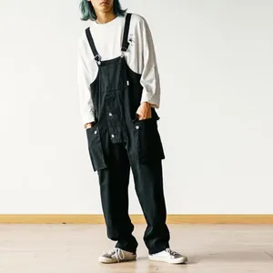 Calças masculinas homens macacão multi-bolsos babadores solto vintage estilo japonês hip hop streetwear carga trabalho casual