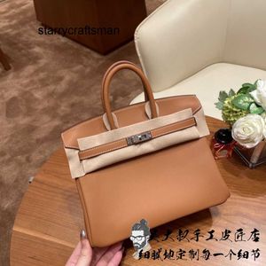 Genuine Leather Bags Uncle Handmade Cowhide Bag with Lychee Pattern Genuine Carrying Bag for Women Golden Brown