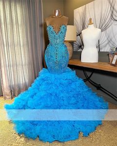 Shining Blue Diamonds Long Prom Dress 2024 Beads Crystals Rhinestones Ruffle Bottom Formal Party Gown Birthday Gown Robe De Bal