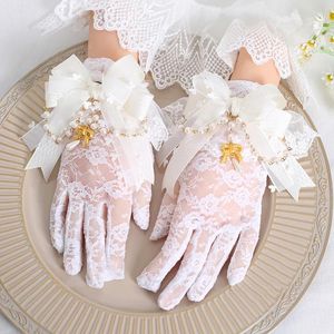 Party Supplies Lolita Gothic Lace Wrist Gloves Women harajuku Style Bowknot Bead Chain Pendant JK Bridal Wedding Glove Accessories