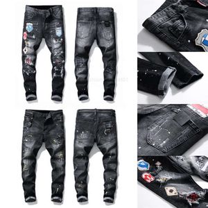 Jeans 21SS SATILDI Erkek Sıkıntılı Yırtık Yırtık İnce Motosiklet Biker Denim Erkekler Moda MANS MANS Siyah Pantolon