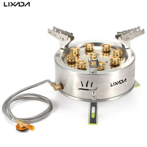 Spisar LIXADA 12800W Camping Gas Stove Portable Rostfritt stål utomhusugn med vikbar anti -skidpanna står för vandring 231204