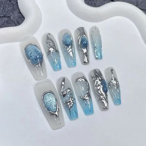 False Nails False Nails XXIU Pure Handmade Nails Press on Full Cover Professional Nails Cat's Eye Gemstone Blue Dimensional Metal Fake Nails 231204