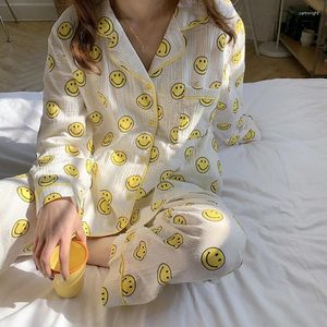 Pijamas femininos algodão feminino pijamas conjunto lapela de manga curta casa roupas de manga longa loungewear macio kawaii impressão primavera verão