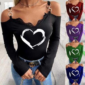 Women's T-Shirt Spring and Autumn Fashion Women Casual Heart Printed Lace Trim Cold Shoulder Chain Strap Long Sleeve Tops T231204