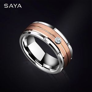 Anéis de casamento Anéis de casamento de tungstênio para homens mulheres revestimento de ouro rosa acabamento escovado com pedra de zircônia cúbica personalizada 231204