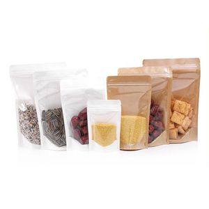 White Front Transparent Kraft Paper Bag Nut Tea Self-standting Package Bag Self seal Plastic Display Window Bags LX6270