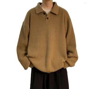 Suéter masculino outono inverno solto ajuste suéter lapela botões decote manga comprida tricô tops cor sólida malhas quentes
