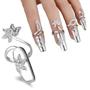 Estilo coreano moda anel de unhas charme flor de cristal feminino abertura ajustável capa de unhas anéis de casamento jóias de noiva