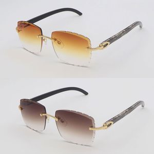 Luxus-Herren-Sonnenbrille mit diamantgeschliffenen Gläsern, randlos, für Damen, Designer, groß, quadratisch, original schwarz marmoriertes Büffelhorn-Gestell für Sonnenbrillen mit C-Dekoration, Größe 58 mm