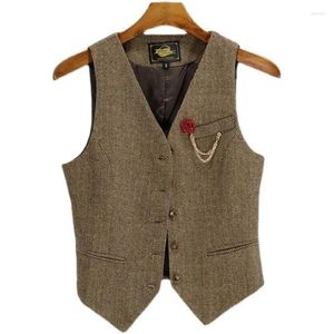 Coletes masculinos homens mulheres colete marrom v pescoço herringbone tweed jaqueta vintage para casamento noivo banquete trabalho conjunto colete