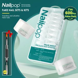 Накладные ногти Nailpop 600 шт. Накладные ногти с набором клея Профессиональный набор акриловых искусственных ногтей с защитой от УФ/светодиодов Твердые типсы для ногтей Гель Mancure 231204