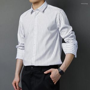Camisas masculinas boutique negócios casual listrado camisa de manga comprida primavera e outono polo colarinho superior roupas de trabalho formal 4xl-m