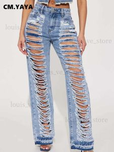 Frauen Jeans cm.yaya Blue Jeanshose für Frauen 2023 Sommer Streetwear Modeausschnitt gerissen Hohlweites Bein Straight Jeans Hosen T231204