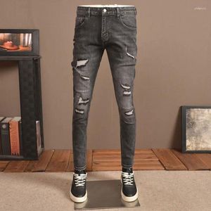 Men's Jeans Fashion Streetwear Men Retro Black Gray Elastic Slim Fit Ripped Vintage Designer Denim Pencil Pants Hombre