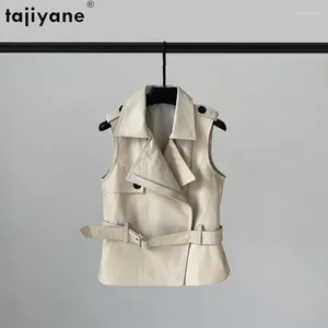 Couro feminino tajiyane real pele de carneiro jaquetas para mulher 2023 sem mangas casaco casual colete