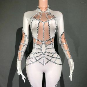 Stage Wear Silver Sequins Stretch White Jumpsuit Gloves For Women Evening Party Birthday Outfit Sexy Performance Costume