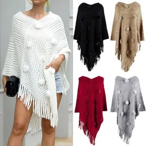 Lenços 2024 outono inverno mulheres camisola capa mulheres moda vneck borla de malha pulôver suéteres xale bola de cabelo poncho 231204