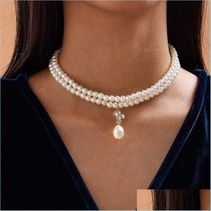 Beaded Halsband Fashion Imitation Pearl Choker Halsband Kvinnor Gotiska Rhinestone Pendants Pärlor smycken till salu White Lobster Clasps Dhadm