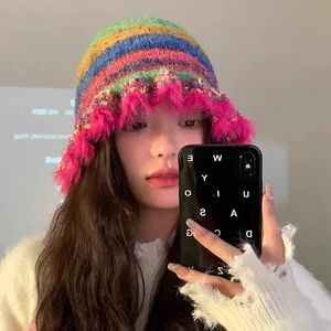 Wide Brim Hats Bucket Hats Y2K Winter Fur Warm Crochet Bucket Beanies Hats for Women Korean Retro Fisherman Cap Ladies Knitted Hat Bonnet Chapeau Homme 231204