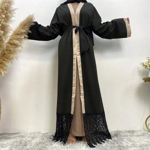 Ethnische Kleidung Offene Abaya Strickjacke Maxikleid Muslimische Frauen Spitze Kimono Kaftan Türkei Arabisch Dubai Saudi Robe Gürtel Ramadan Eid Islamisch
