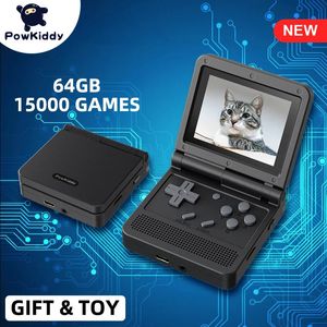 Jogadores de jogos portáteis Powkiddy V90 Black Retro Video Game Console 3 polegadas de alta definição IPS Screen Flip Built-in 15000 jogos 64GB PS1 Game 231204