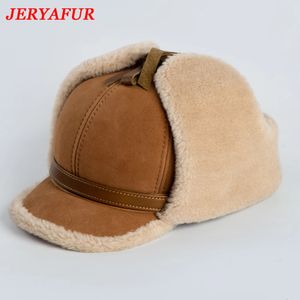 Ball Caps JERYAFUR High Quality Winter Leather Hat Men Fur Lamb Wool Warm Thick Earflaps Bomber Hats Men's Baseball Cap Russian Hat 231204