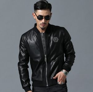 Herren Oberbekleidung Mäntel Leder Europäische und amerikanische Trendmarke Skull Hot Diamond bestickte PU-Lederjacke mit Baseballkragen