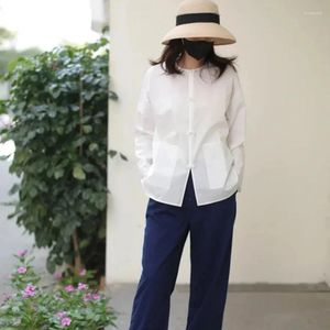 Women's Blouses 2023 Early Autumn Line Women Solid Cotton Disc Button Chinese White Shirt