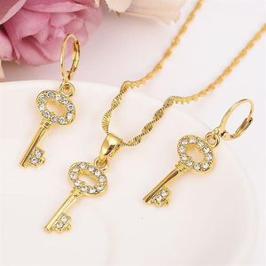 Fashion Necklace Set Women Party Gift Solid Fine Gold Filled crystal cz key pattern pendant Earrings african Jewelry Sets2415