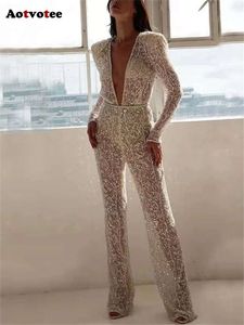 Sequins for Women Spring Summer V Neck Elegant Solid Long Sleeve Rompers High Waist Beading Jumpsuits