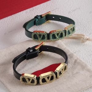 Pulseira de couro, preto/verde 2 cores, letras clássicas de zircônia, pulseira de grife, Natal, presente
