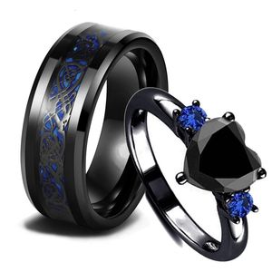 Wedding Rings Charm Couple For Men Stainless Steel Celtic Dragon Ring Heart Black Zircon Women Set Valentines Day Jewelry 231205