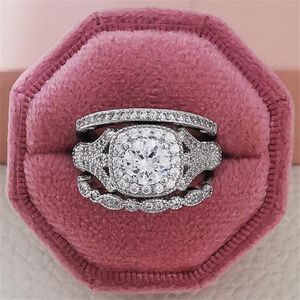 Storlek 5-10 Top Sell Wedding Rings Vintage Jewelry 925 Sterling Silver Round Cut White Topaz CZ Promise Diamond Gemstones Party 3PCS218F