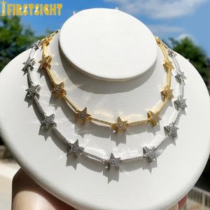 Pendant Necklaces Iced Out Star Bar Link Chain Necklace Tennis Chain Paved Tiny Sparking Shiny CZ Stone Charm Choker For Women Jewelry 231205